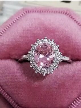 Swarovski Elements 925 Sterling Silver Oval Halo Pink Sapphire Diana Ring NEW